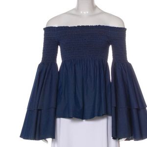Caroline Constas dark blue denim. Off the shoulder, long sleeve bell shaped